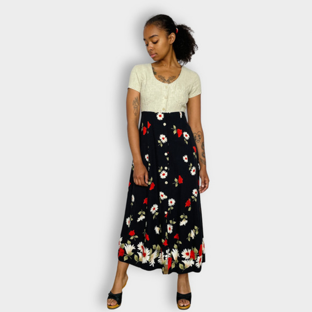 90s California Concepts Linen Top Red Floral‎ Dress